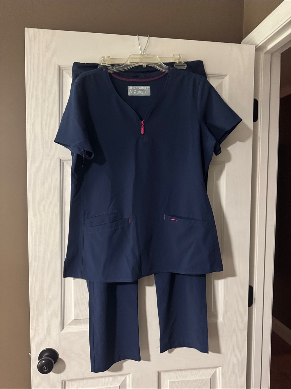 Med Couture Navy Scrub Set with Pink Trim - Women's Track Pants & Top